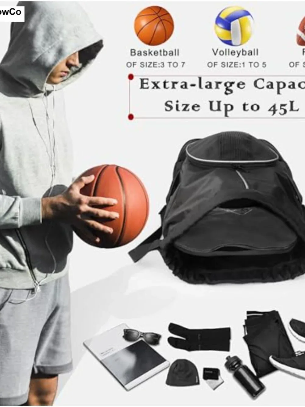 45L Drawstring Basketball Backpack with Shoe Compartment & Wet Pockets Gym Bag